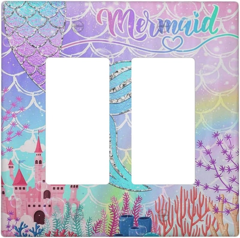Sghxwp Silvery Glitter Cute Mermaid Tail Fantasy Castle 2 Gang Rocker Decora Light Switch Covers Dual Outlet Covers Wall Plate Decorative Switchplate Electrical Faceplate GFCI for Kidroom Nursery Bedroom - Image 1